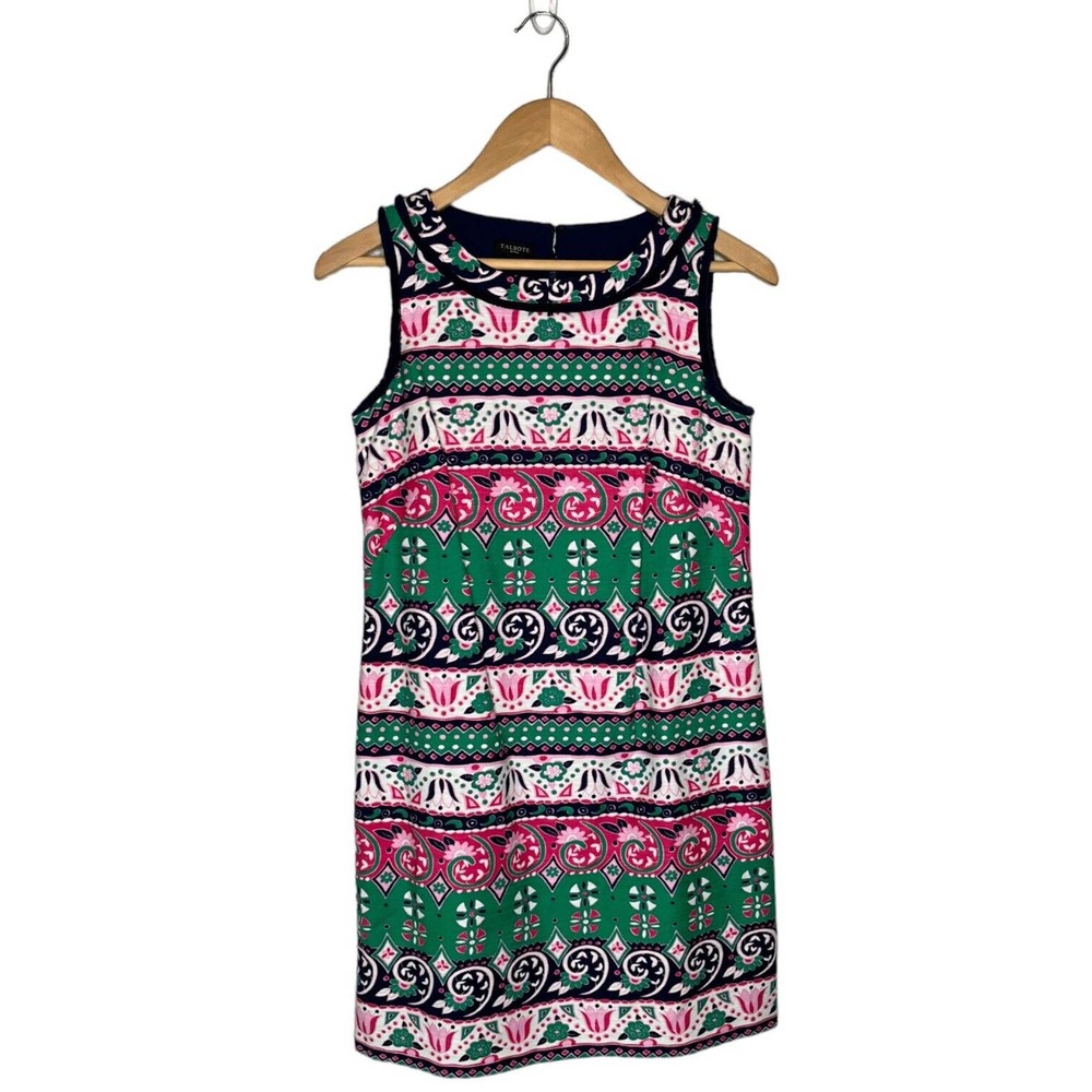 Talbots Womens Shift Dress Size 2P Sleeveless Multicolor Geometric Fringe Knee - Picture 1 of 12